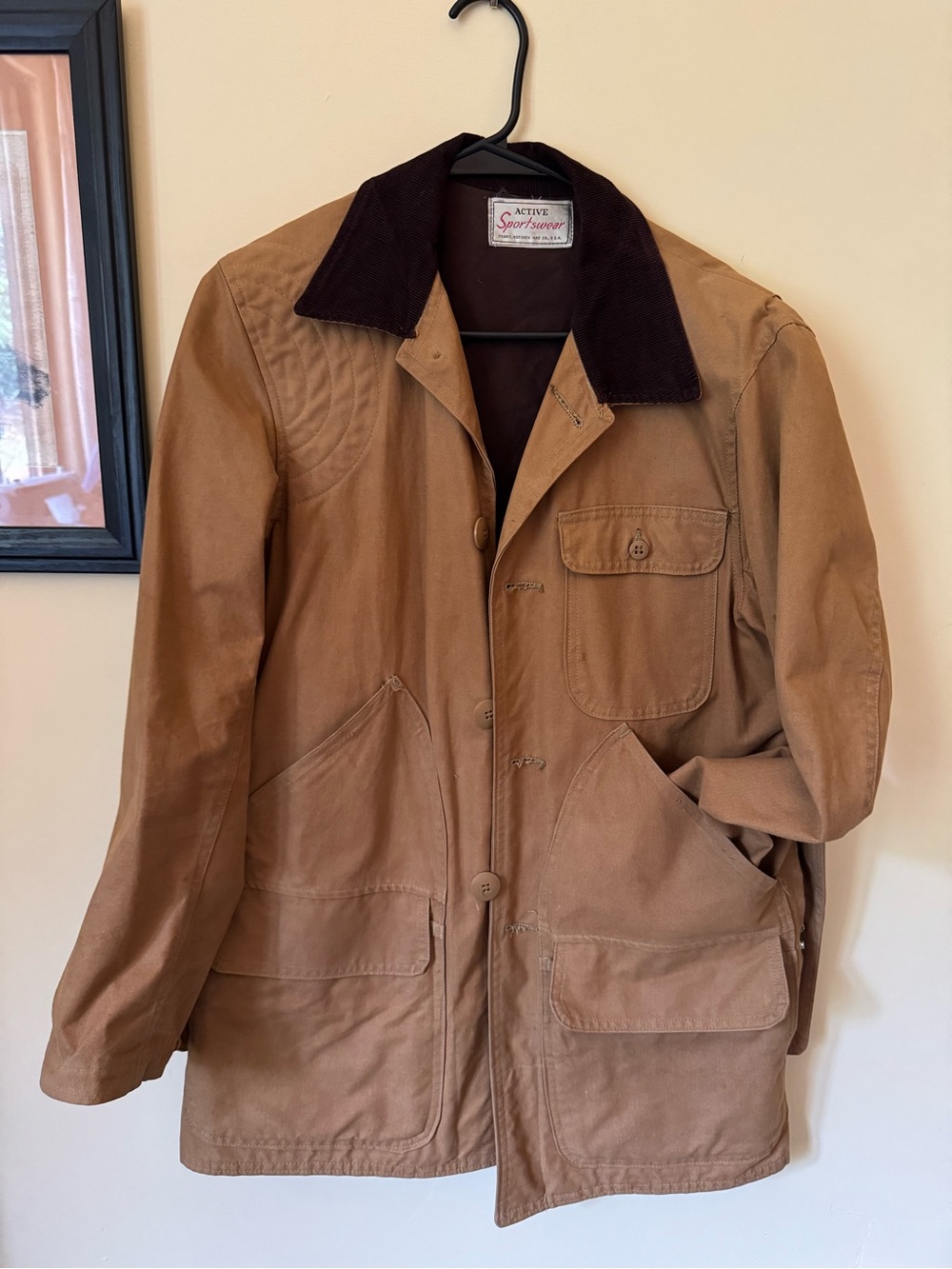 Vintage Sears Fieldmaster Hunting Chore Jacket Tan Canvas Corduroy Collar